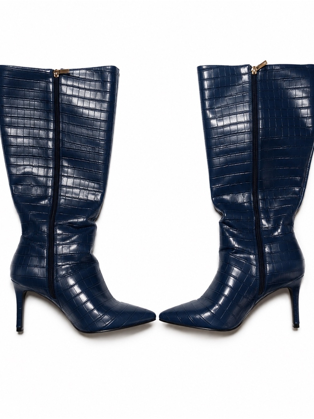 Women’s Navy Croc-Embossed Pointed Toe Knee Boots